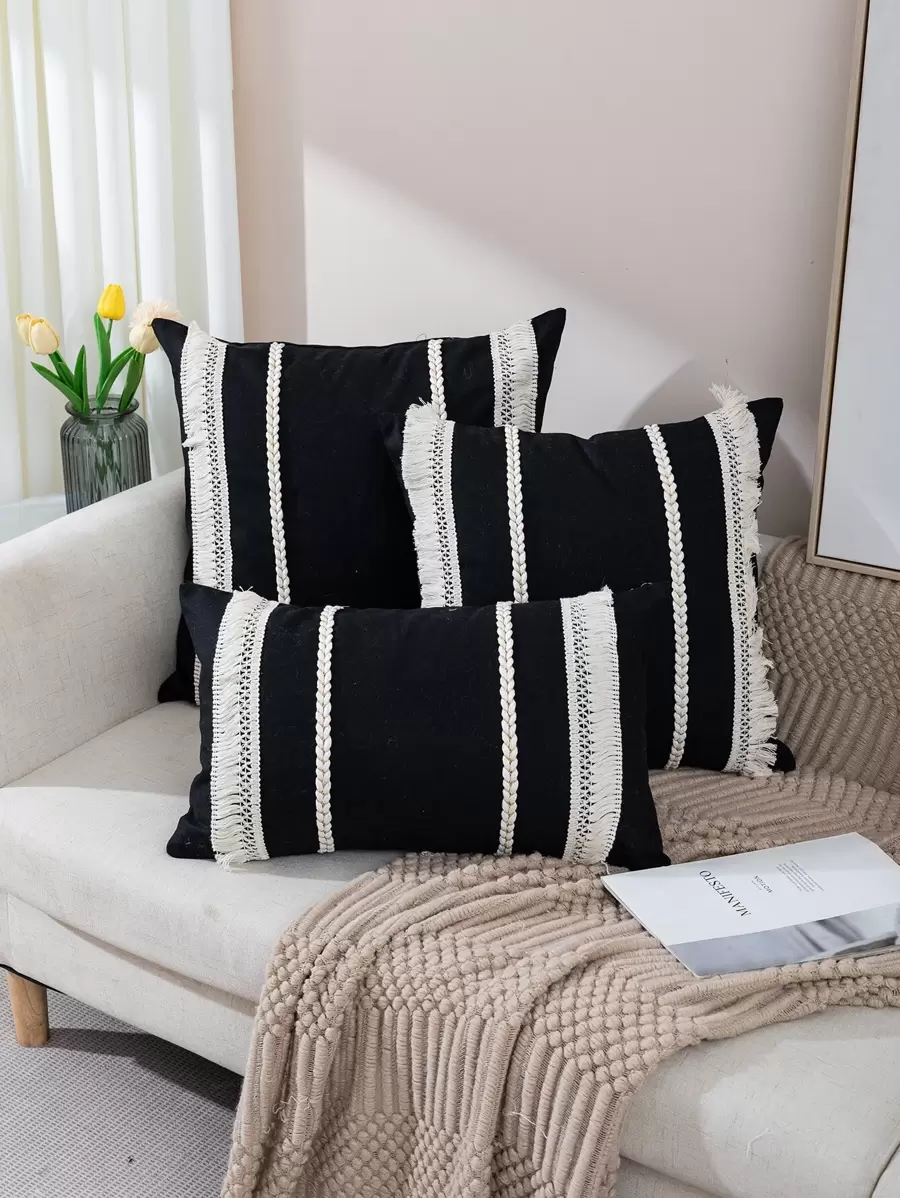 1入組流蘇裝飾抱枕波西米亞靠墊套不附帶墊芯 - 黑色 - 查看 1