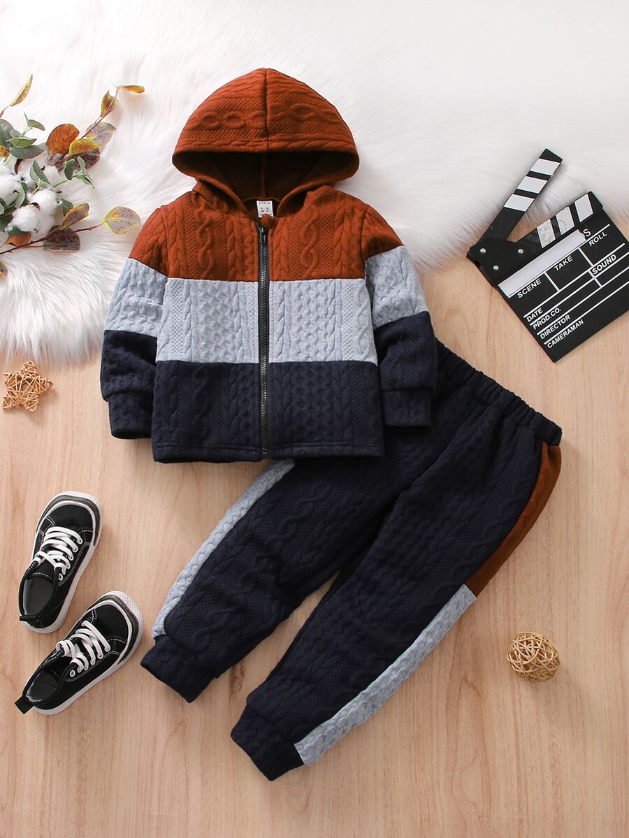 Toddler Boys Colour Block Zipper Hooded Jacket & Contrast Side Seam Trousers - Multicolor - View 1