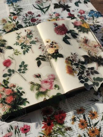 40入組/包復古花蝴蝶裝飾寵物貼紙植物手冊剪貼簿材料標籤日記計畫冊