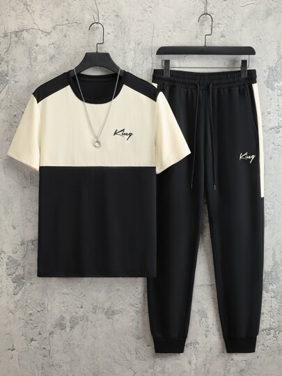 Guys Letter Graphic Colorblock Tee & Drawstring Waist Sweatpants