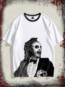 ROMWE MEN WB Horror | ROMWE Hombres Camiseta con estampado de figura - Blanco - Ver 1