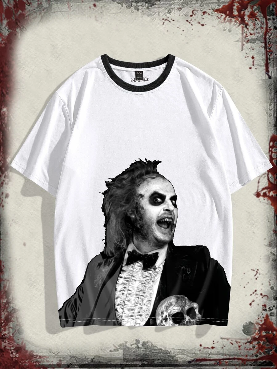 ROMWE MEN WB Horror | ROMWE Hombres Camiseta con estampado de figura - Blanco - Ver 1