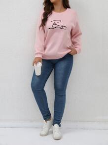 SHEIN Franclia Plus Size Women's Letter Printed Casual Sweatshirt - Baby Pink - View 4