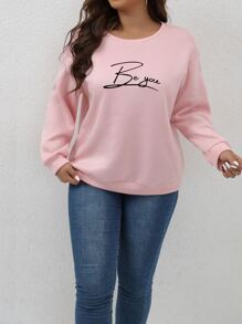 SHEIN Franclia Plus Size Women's Letter Printed Casual Sweatshirt - Baby Pink - View 5