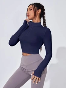 SHEIN Sports 休闲纯色修身短款运动卫衣 - 藏蓝色 - 查看 4