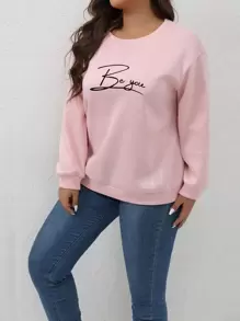 SHEIN Franclia Plus Size Women's Letter Printed Casual Sweatshirt - Baby Pink - View 6