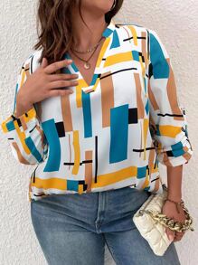 SHEIN LUNE Blusa con estampado geométrico popover - Multicolor - Ver 1