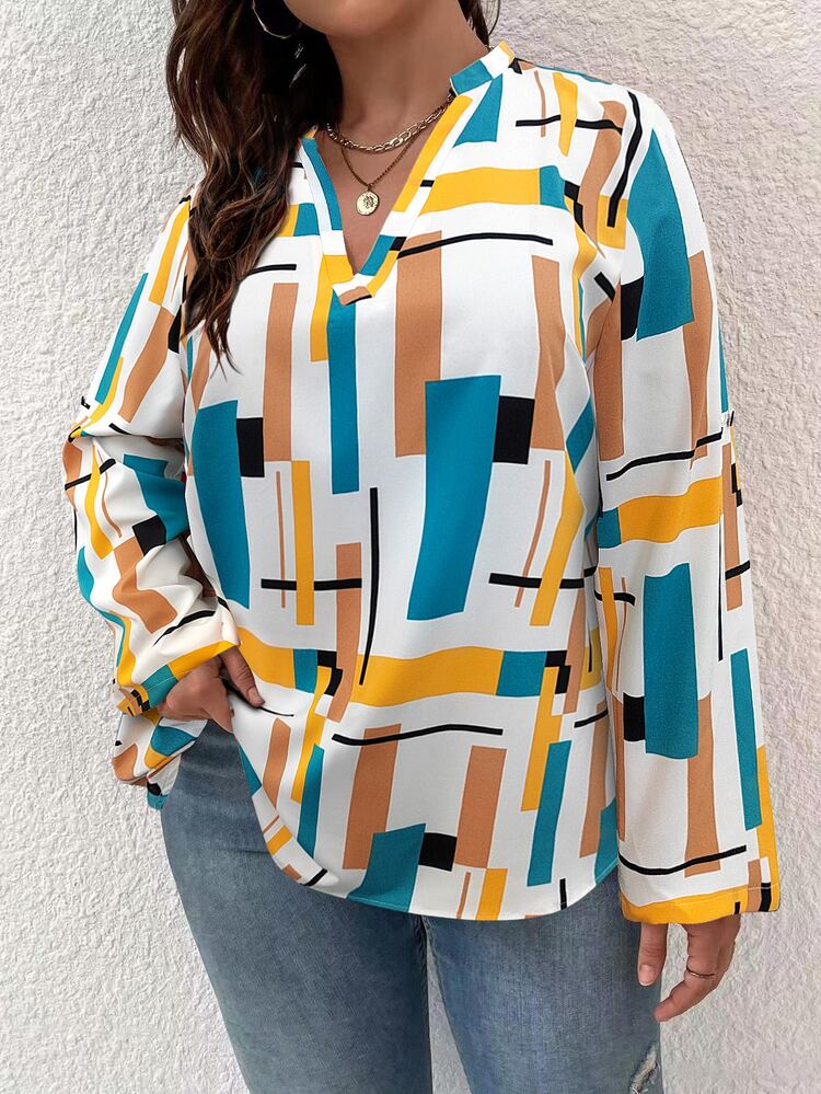 SHEIN LUNE Plus Geo Print Popover Blouse - Multicolor - View 3
