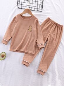 Toddler Boys Cartoon Graphic Contrast Piping PJ Set - Khaki - View 1