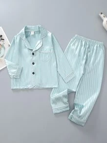 Toddler Boys Striped Lapel Neck Satin PJ Set - Baby Blue - View 1