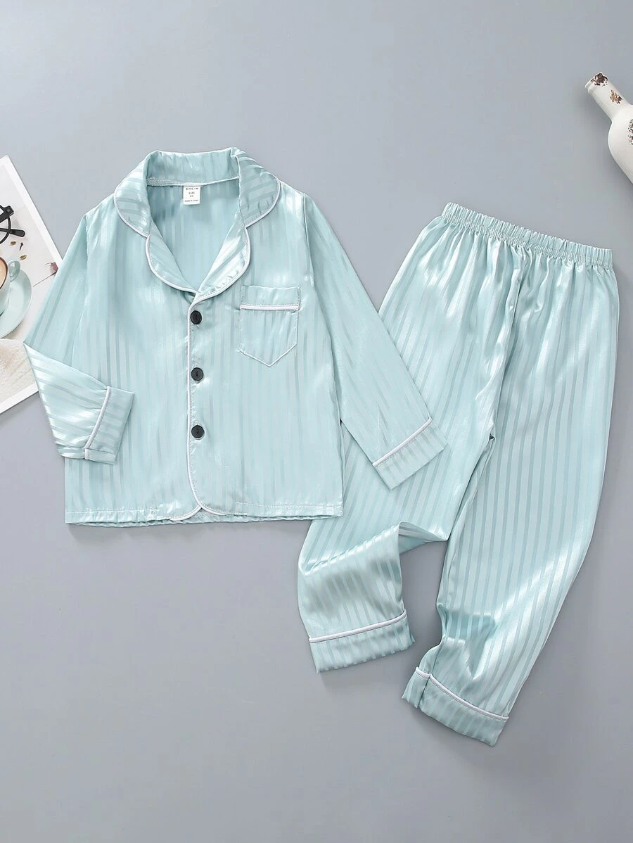 Toddler Boys Striped Lapel Neck Satin PJ Set - Baby Blue - View 1