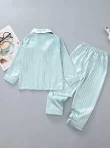 Toddler Boys Striped Lapel Neck Satin PJ Set - Baby Blue - View 2