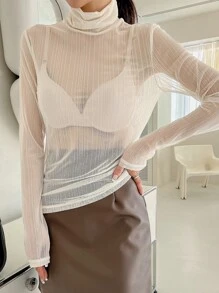 DAZY Top collo dritto in maglia trasparente senza reggiseno - Bianco - Visualizzare 5