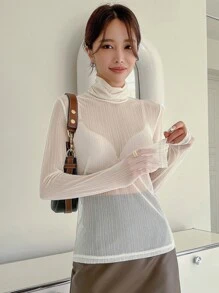 DAZY Top collo dritto in maglia trasparente senza reggiseno - Bianco - Visualizzare 7