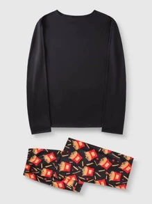 Men Fries And Letter Graphic PJ Set - Black - View 2