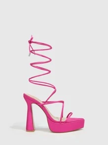 CUCCOO SZL Xăng đan mule nữ, Xăng đan thời trang cao gót phối lưới màu hồng - Màu Hồng Tươi - Xem 5