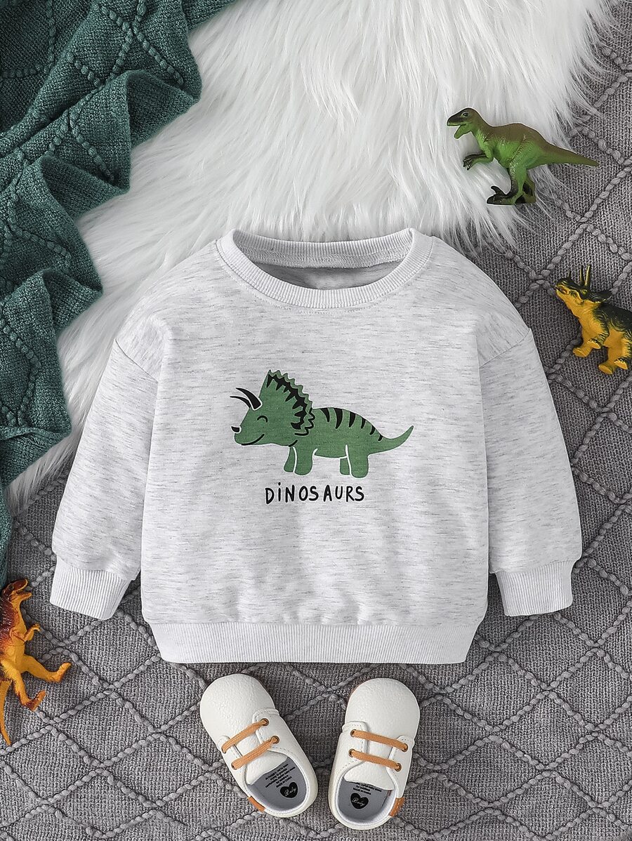 Baby Boy Letter & Dinosaur Print Sweatshirt - Grey - View 1