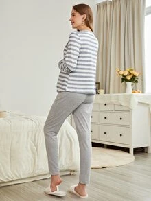 Maternity Striped Nursing Top & Trousers Lounge Set - Light Grey - View 2