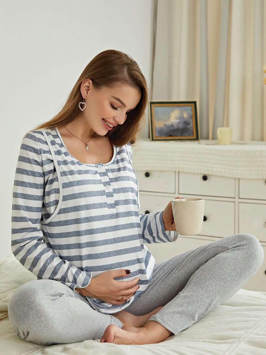Maternity Striped Nursing Top & Trousers Lounge Set - Light Grey - View 1