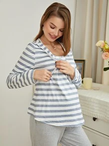 Maternity Striped Nursing Top & Trousers Lounge Set - Light Grey - View 6