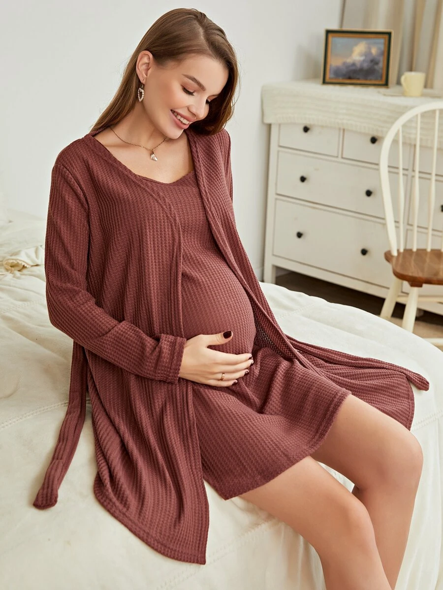 孕婦華夫格編織吊帶睡裙和附腰帶睡袍