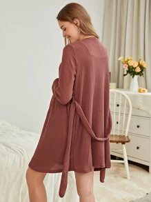 孕婦華夫格編織吊帶睡裙和附腰帶睡袍