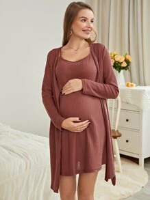 孕婦華夫格編織吊帶睡裙和附腰帶睡袍