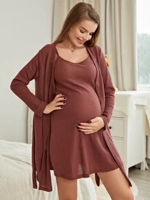 孕婦華夫格編織吊帶睡裙和附腰帶睡袍