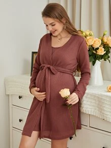 孕婦華夫格編織吊帶睡裙和附腰帶睡袍