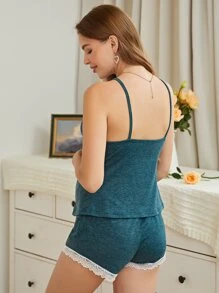 SHEIN Maternity Contrast Lace Trim Cami Top & Shorts PJ Set - Dark Green - View 2
