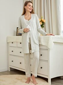 SHEIN Maternidad 3 piezas Conjunto de pijama con encaje en contraste - Gris Claro - Ver 3