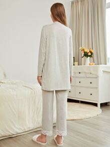 SHEIN Maternidad 3 piezas Conjunto de pijama con encaje en contraste - Gris Claro - Ver 2