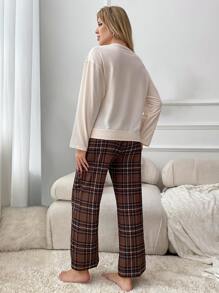 Plaid Drop Shoulder PJ Set - Multicolor - View 2