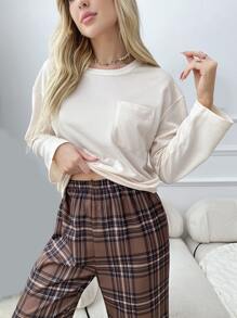 Plaid Drop Shoulder PJ Set - Multicolor - View 3