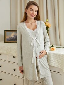 SHEIN Maternidad 3 piezas Conjunto de pijama con encaje en contraste - Gris Claro - Ver 6