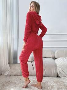 3D耳朵設計連帽連體睡衣 - 紅色 - 查看 2