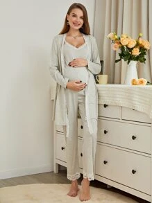 SHEIN Maternidad 3 piezas Conjunto de pijama con encaje en contraste - Gris Claro - Ver 1