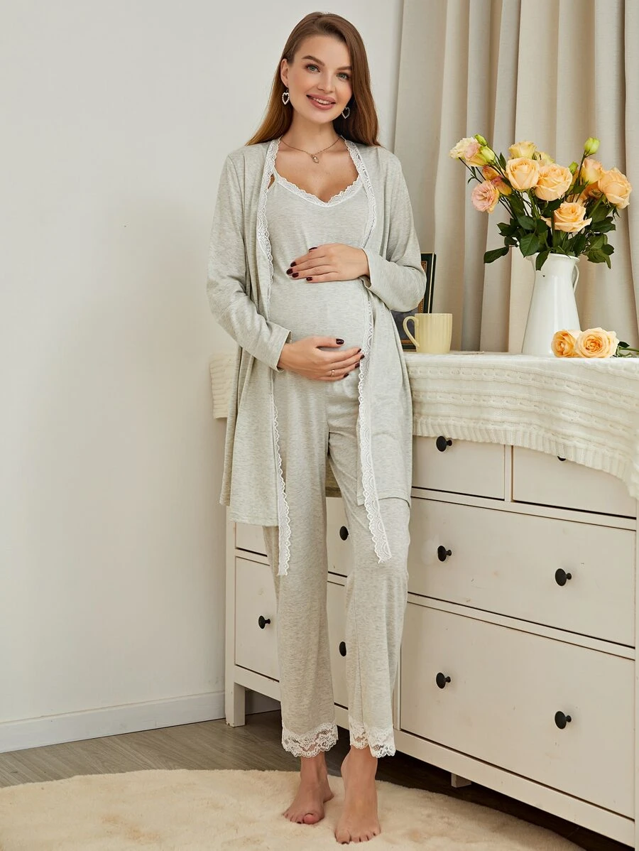 SHEIN Maternidad 3 piezas Conjunto de pijama con encaje en contraste - Gris Claro - Ver 1