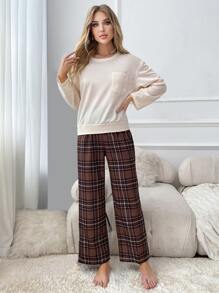 Plaid Drop Shoulder PJ Set - Multicolor - View 5