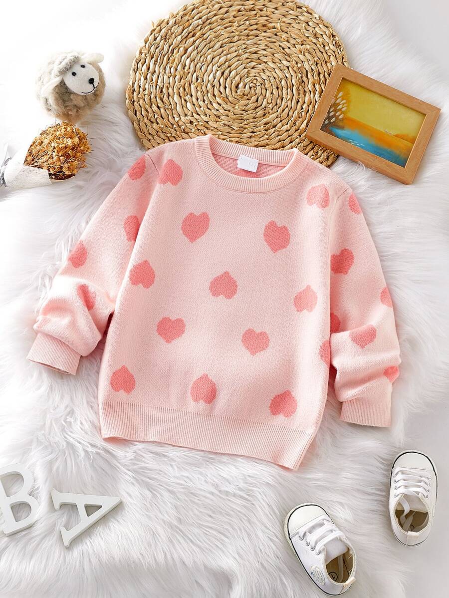 SHEIN Vintaside Kids Baby Girl Heart Pattern Sweater - Pink - View 1