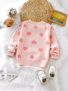 SHEIN Vintaside Kids Baby Girl Heart Pattern Sweater - Pink - View 2