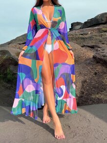 SHEIN Swim Summer Allover Print Ruffle Hem Kimono - Multicolor - View 7