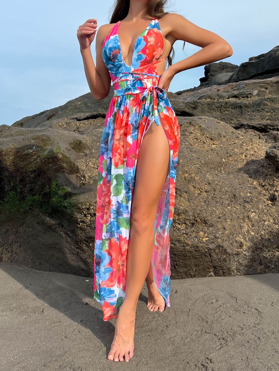 SHEIN Swim Summer Floral Print One Piece Swimsuit With Beach Skirt - Multicolor - View 1