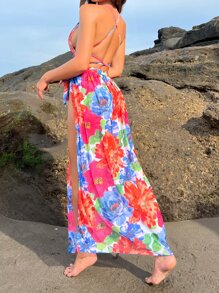 SHEIN Swim Summer Floral Print One Piece Swimsuit With Beach Skirt - Multicolor - View 4