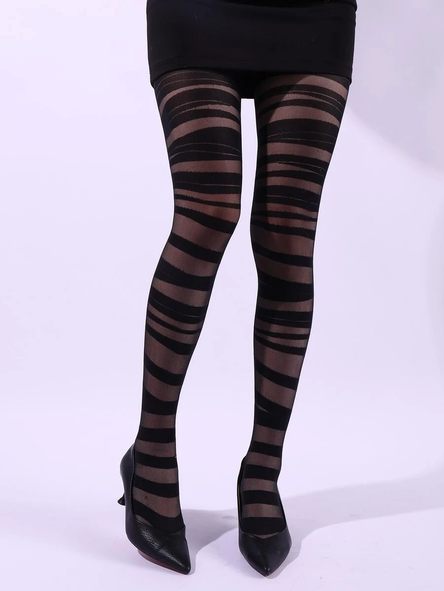 Striped Pattern Tights - Black - View 1