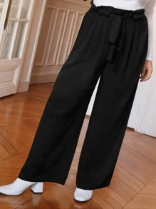 SHEIN Frenchy Plus Paperbag Waist Belted Wide Leg Trousers - Black - View 3