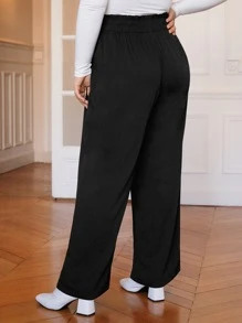 SHEIN Frenchy Plus Paperbag Waist Belted Wide Leg Trousers - Black - View 4