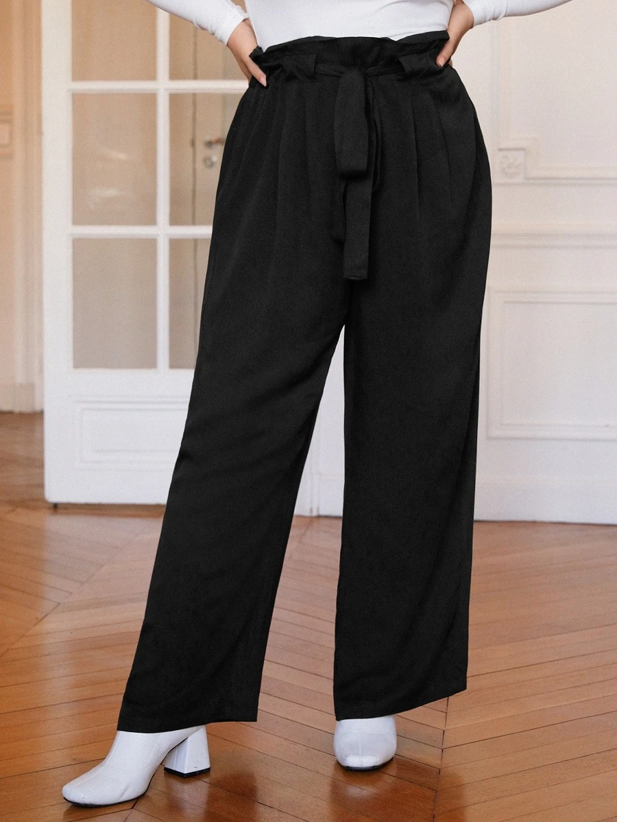 SHEIN Frenchy Plus Paperbag Waist Belted Wide Leg Trousers - Black - View 1
