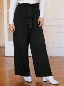 SHEIN Frenchy Plus Paperbag Waist Belted Wide Leg Trousers - Black - View 5