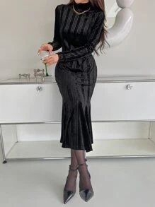 DAZY Mock Neck Mermaid Dress,Fall Dress - Black - View 1